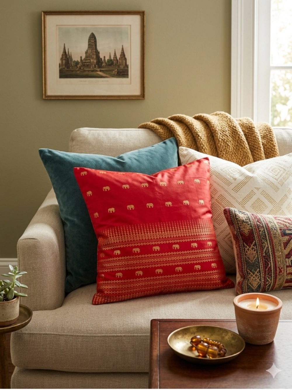 Red Fabric with Gold Elephant Pattern Pillow Case From Thailand
